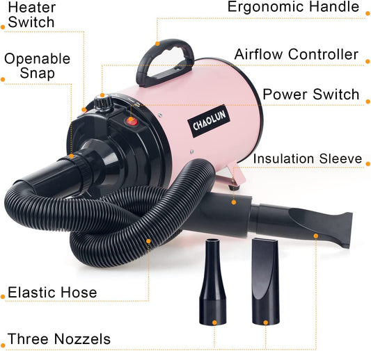 Transform Your Pet Grooming Experience with the High-Velocity Pink Dog Dryer - Adjustable Speed, Heater, 3 Nozzles & Comb Included!