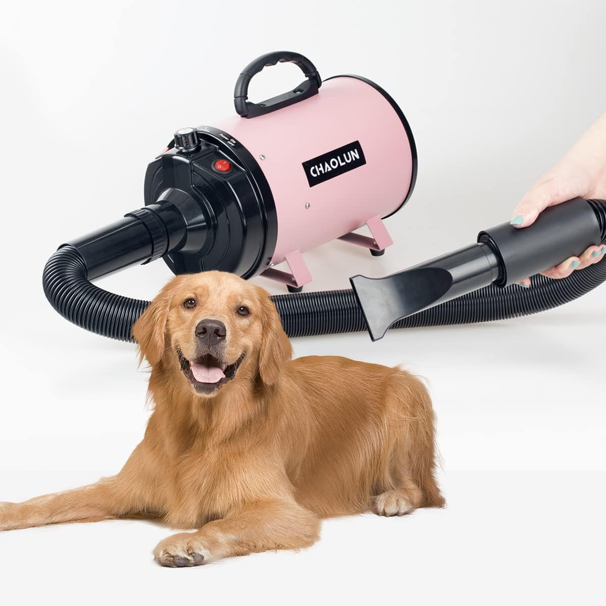 Transform Your Pet Grooming Experience with the High-Velocity Pink Dog Dryer - Adjustable Speed, Heater, 3 Nozzles & Comb Included!