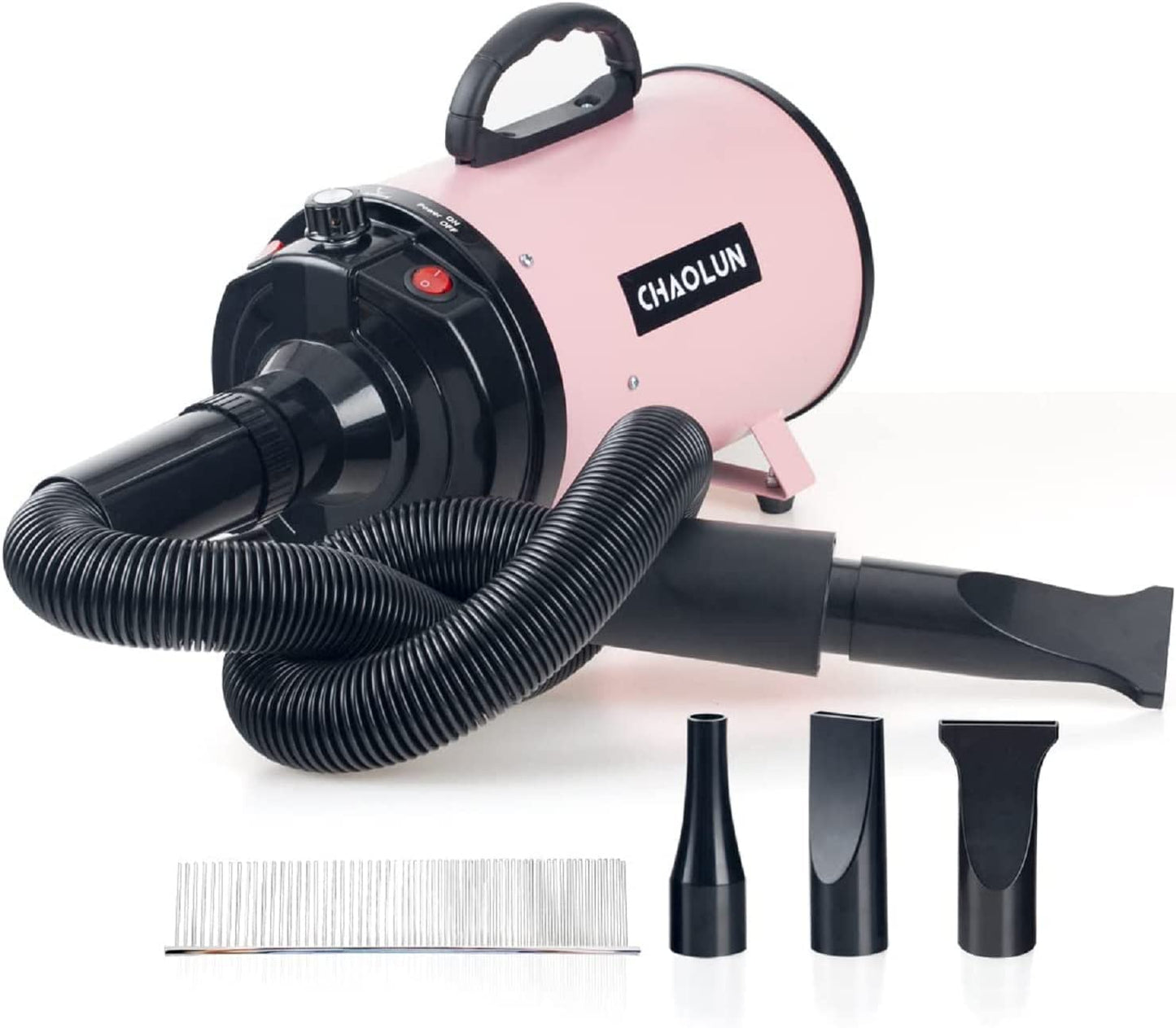 Transform Your Pet Grooming Experience with the High-Velocity Pink Dog Dryer - Adjustable Speed, Heater, 3 Nozzles & Comb Included!