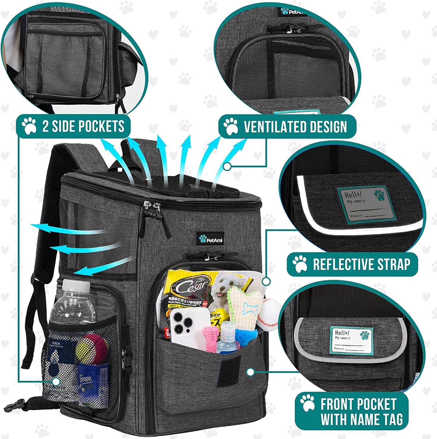 Airline Approved Dog Backpack Carrier - Ventilated Soft-Sided Cat Carrier for Travel, Hiking & Camping - Fits Pets up to 18 lbs - Charcoal